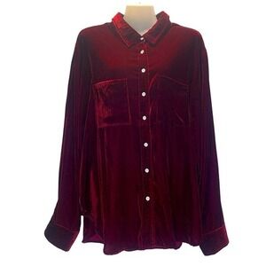 L&B Lucky and Blessed Women's Size 2X Velvet Texture Button Down Burgundy Shirt